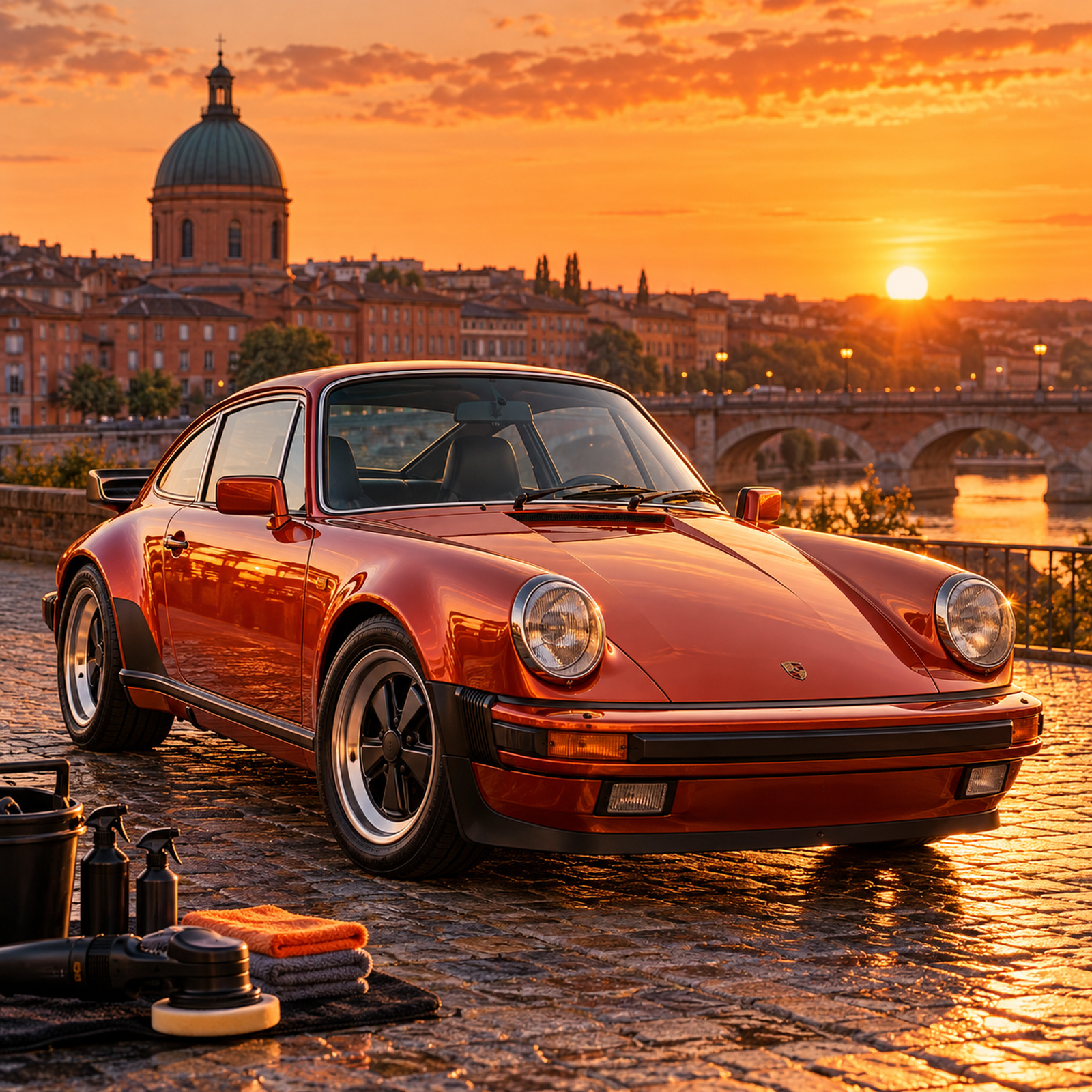 Voiture colorée brillante au soleil couchant, tons orange